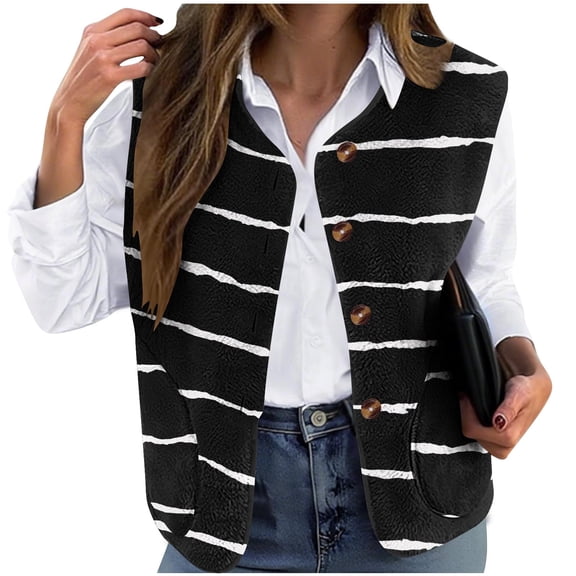 ZQUUVOU Women's Fleece Vest Fall Winter Plaid Gradient Plus Size Button Vest Sleeveless Trendy Jacket Casual Winter Coats Black B