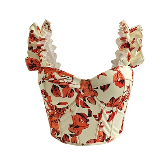 ZQUUVOU Women's Floral Corset Tops Tie Shoulder Crop Tank Top Brocade Underbust Boned Corsets Bustier Waist Trainer Orange