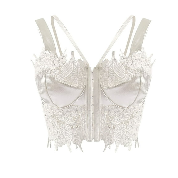 ZQUUVOU Women's Floral Corset Tops Tie Shoulder Crop Tank Top Brocade Underbust Boned Corsets Bustier Waist Trainer White