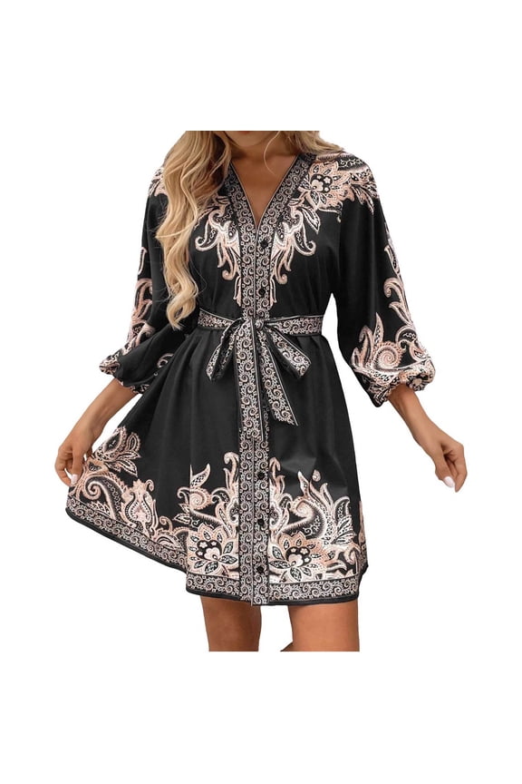Women's Floral Print Dress V Neck 3/4 Sleeve Tie Waist Blouson Bohemian Midi Gown for Garden Party Vacation Black