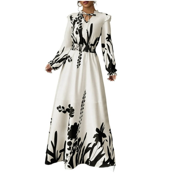 ZQUUVOU Women's Floral Print V Neck Dress Long Sleeve Ankle Length Elegant Spring Summer Outfit for Garden Party White
