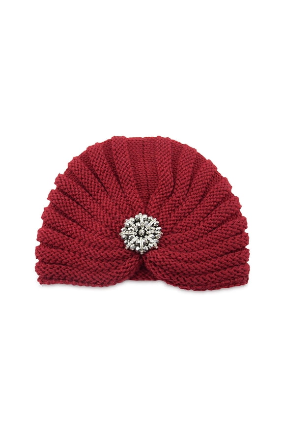 Women's Flower Rhinestone Turban Cap Muslim Pre Tied Beanie Headwrap Sequin Bonnet Stretch Pleated Hat Red B