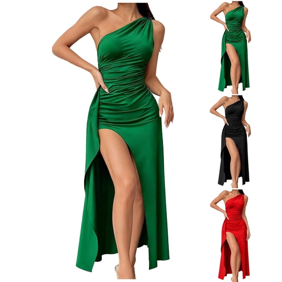 ZQUUVOU Women's Formal Satin Gown Sleeveless One Shoulder High Split Elegant Party Evening Dress Ball Prom Wedding Guest Red