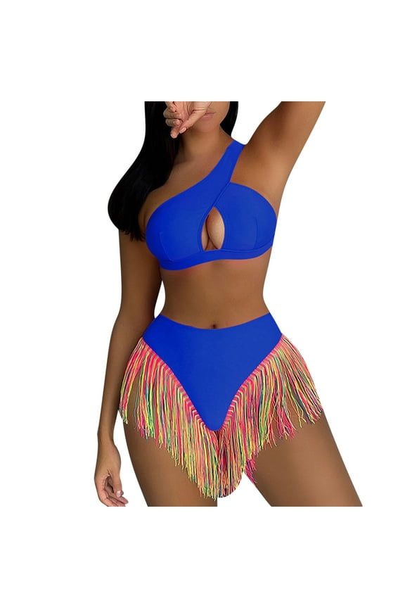 Women's Fringe Bikini Set Two Piece One Shoulder Swimsuit Cut Out Tassel Fashion Beach Cheeky Bikini Beads Blue