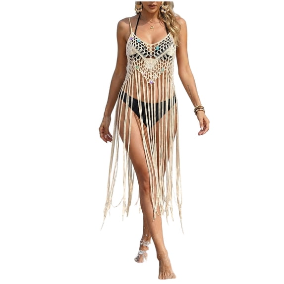 ZQUUVOU Women's Fringe Cover Up Spaghetti Strap Sleeveless Crochet Knit Long Tassels Dresses Boho Casual Summer Outfits Khaki