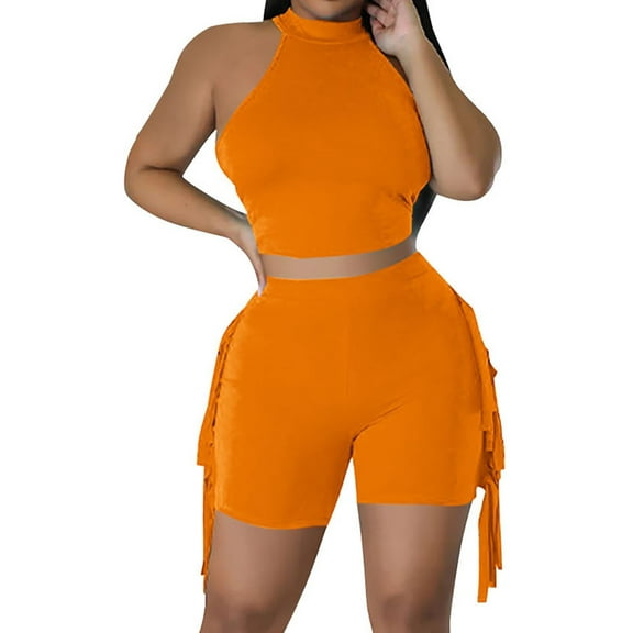 ZQUUVOU Women's Fringe Sport Set Solid Color Sleeveless Tank Top and Shorts 2 Piece Casual Bohemian Outfit Orange