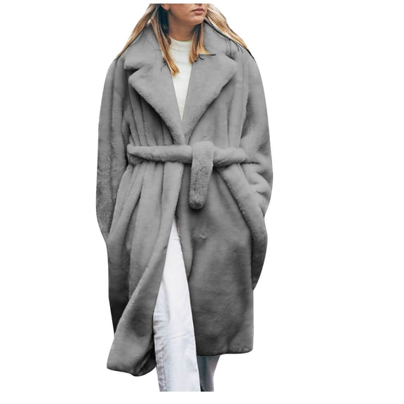 ZQUUVOU Women's Fuzzy Fleece Trench Coat Winter Faux Fur Jacket Notch Lapel Mid-Length Sherpa Teddy Loose Overcoat Gray