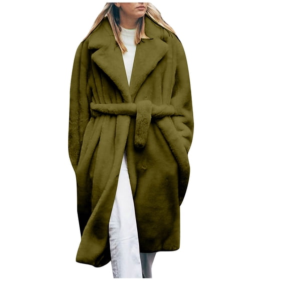ZQUUVOU Women's Fuzzy Fleece Trench Coat Winter Faux Fur Jacket Notch Lapel Mid-Length Sherpa Teddy Loose Overcoat Olive Green