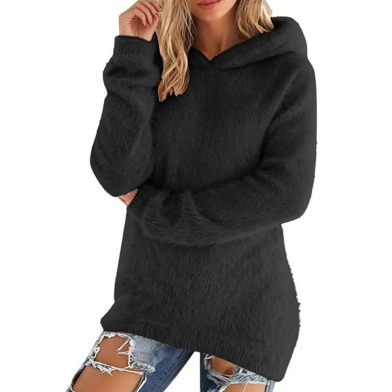 ZQUUVOU Women's Fuzzy Hoodies Solid Color Faux Fur Cozy Hooded Sweatshirt Long Sleeve Pullover Tops for Winter Black