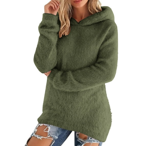 ZQUUVOU Women's Fuzzy Hoodies Solid Color Faux Fur Cozy Hooded Sweatshirt Long Sleeve Pullover Tops for Winter Green