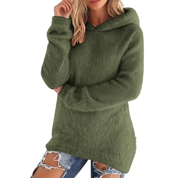 ZQUUVOU Women's Fuzzy Hoodies Solid Color Faux Fur Cozy Hooded Sweatshirt Long Sleeve Pullover Tops for Winter Green