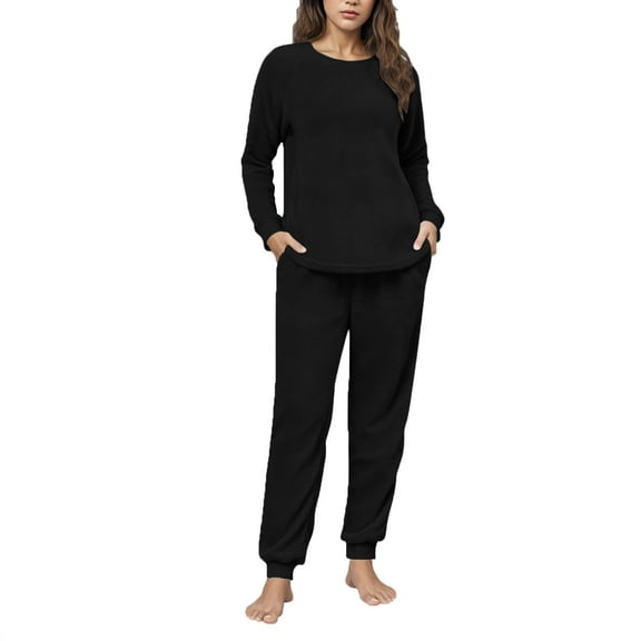 ZQUUVOU Women's Fuzzy Pajamas Set Plaid Winter Warm Plush Fleece 2 Piece Set Tops and Pants with Pocket Black B