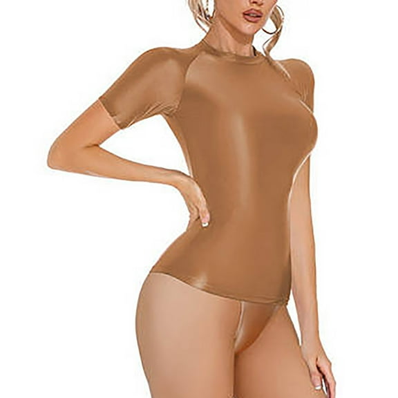 ZQUUVOU Women's Glossy Plus Size Tight Shirts Fitting Long Sleeved Crew Neck Shapewear Tops Undershirts Base Layer Coffee