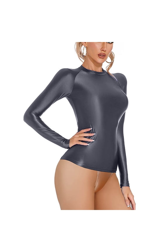 Women's Glossy Plus Size Tight Shirts Fitting Long Sleeved Crew Neck Shapewear Tops Undershirts Base Layer Gray