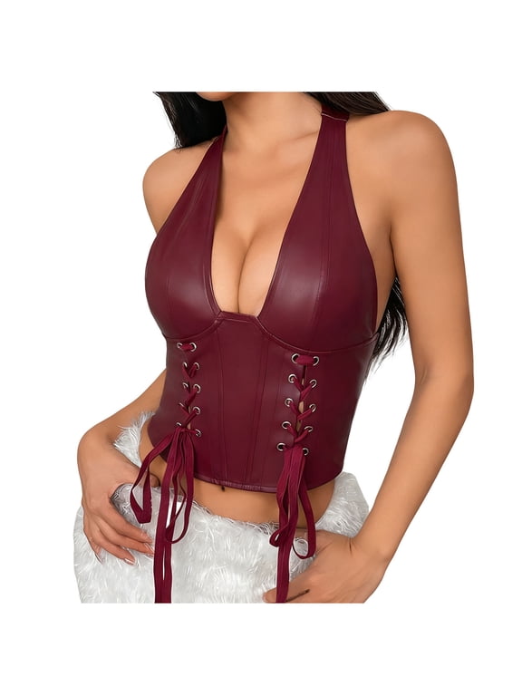 Women's Halter Neck Bustier Corset Plunge V Neck Tie Up Push Up Bra Tummy Control Waist Trainer Shapewear Party Wear Red