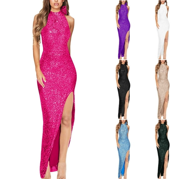 ZQUUVOU Women's Halter Neck Cocktail Dresses Bow Back Gown High Slit Formal Bodycon Evening Party Long Dress Hot Pink