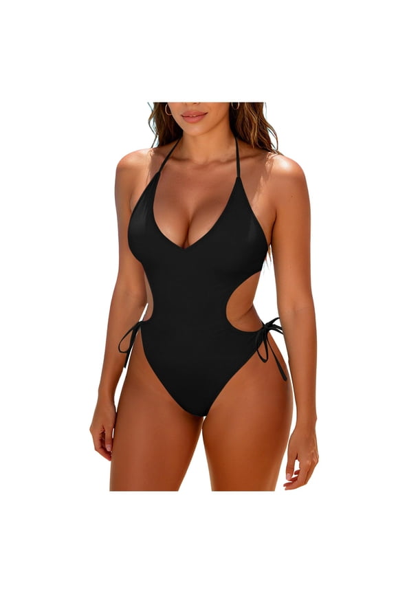 Women's Halter Neck Monokini Solid Color Cut Out Drawstring One Piece Swimsuit Back Ties High Cut Bathing Suit Black