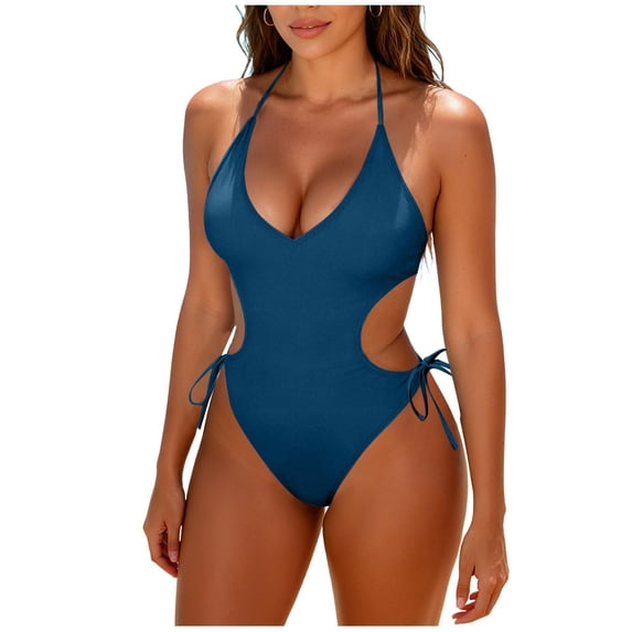 ZQUUVOU Women's Halter Neck Monokini Solid Color Cut Out Drawstring One Piece Swimsuit Back Ties High Cut Bathing Suit Blue