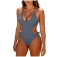 thumbnail image 1 of ZQUUVOU Women's Halter Neck Monokini Solid Color Cut Out Drawstring One Piece Swimsuit Back Ties High Cut Bathing Suit Gray, 1 of 3