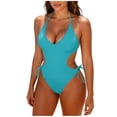 thumbnail image 1 of ZQUUVOU Women's Halter Neck Monokini Solid Color Cut Out Drawstring One Piece Swimsuit Back Ties High Cut Bathing Suit Light Blue, 1 of 3