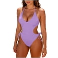 thumbnail image 1 of ZQUUVOU Women's Halter Neck Monokini Solid Color Cut Out Drawstring One Piece Swimsuit Back Ties High Cut Bathing Suit Purple, 1 of 3