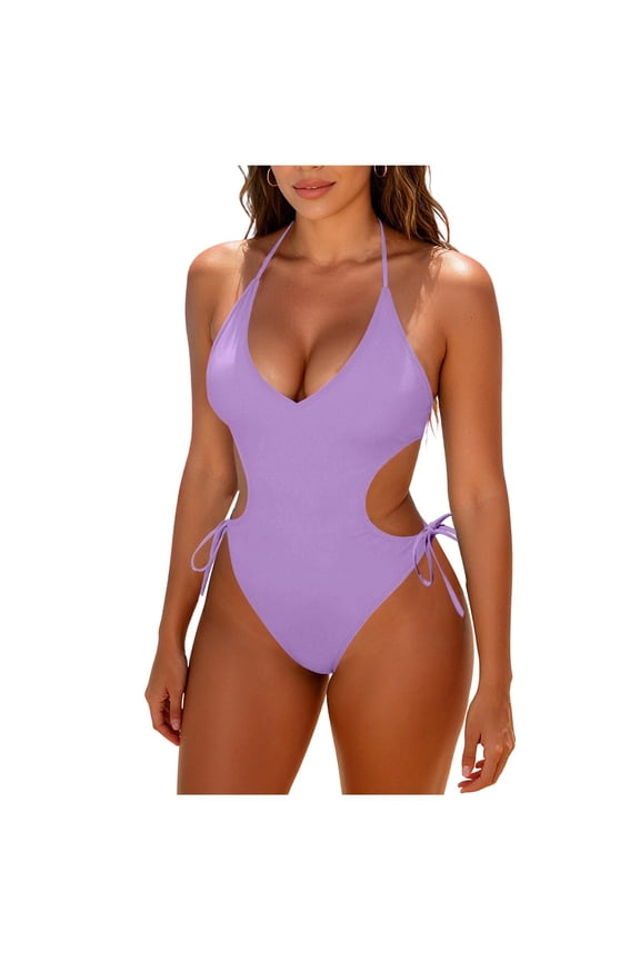Women's Halter Neck Monokini Solid Color Cut Out Drawstring One Piece Swimsuit Back Ties High Cut Bathing Suit Purple