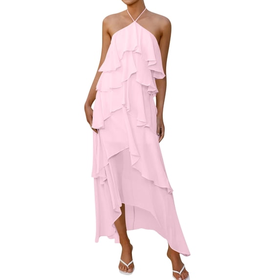 ZQUUVOU Women's Halter Neck Tiered Maxi Dress Chiffon Ruffle Asymmetric Hem Casual Flowy Sundress Elegant Wedding Guest Dresses Pink