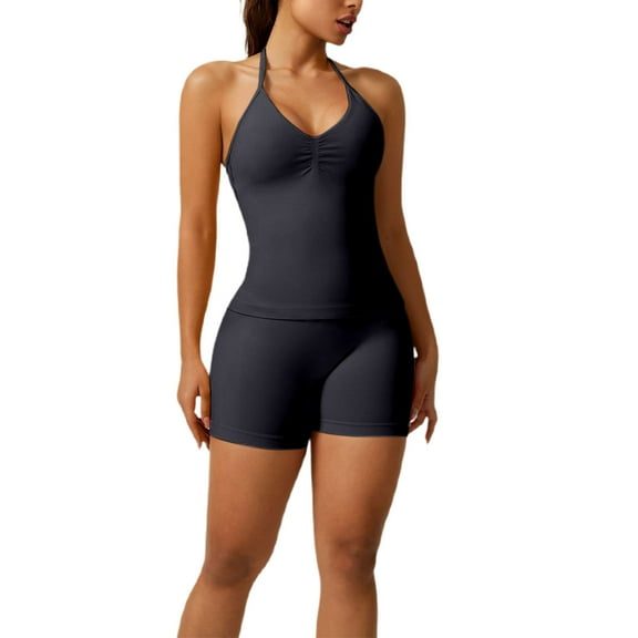ZQUUVOU Women's Halter Neck Yoga Set Sleeveless Crop Top and High Waist Leggings Shorts Seamlesss 2 Piece Workout Outfit Dark Gray