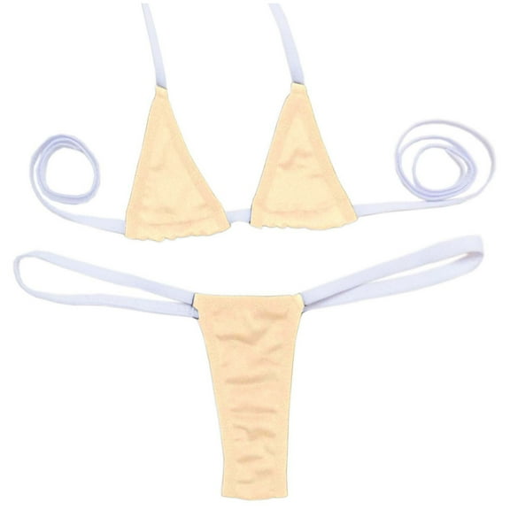 ZQUUVOU Women's Halter Triangle Thong Bikini Sets High Cut Swimsuit Bathing Suit Swimwear (D-Beige,Free Size)