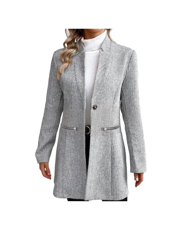 Women's Herringbone Fleece Coat Fall Winter Business Casual Long Jacket One Button Notch Collar Dressy Trench Coat Gray