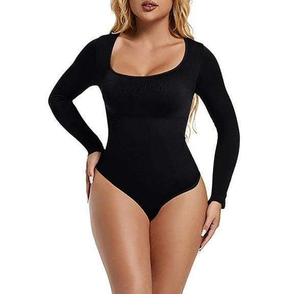 ZQUUVOU Women's High Waisted Thong Bodysuit Tummy Control Seamless Full Body Long Sleeve Shaper No Show Invisible Black