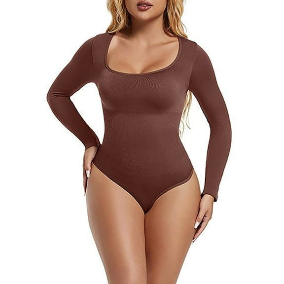 ZQUUVOU Women's High Waisted Thong Bodysuit Tummy Control Seamless Full Body Long Sleeve Shaper No Show Invisible Coffee