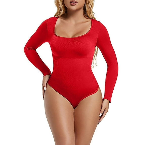 ZQUUVOU Women's High Waisted Thong Bodysuit Tummy Control Seamless Full Body Long Sleeve Shaper No Show Invisible Red