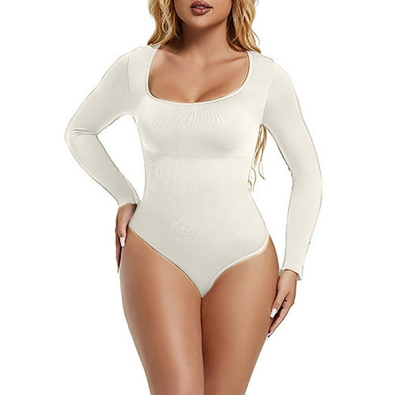 ZQUUVOU Women's High Waisted Thong Bodysuit Tummy Control Seamless Full Body Long Sleeve Shaper No Show Invisible White
