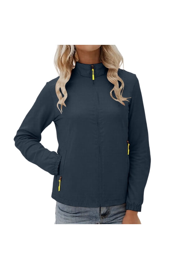 Women's Hiking Windbreaker Jacket Lightweight Hoodless Zip Up Pocket Water Resistant Travel Coat Outerwear Navy