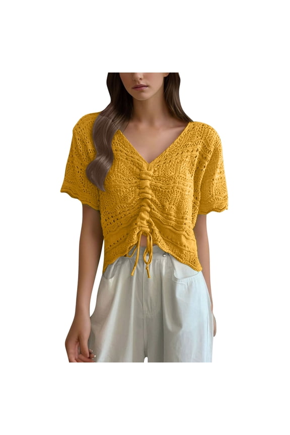 Women's Hollow Out Cover Up V Neck Mesh Drawstring Knit Beach Crop Tops Sun Protection Short Sleeve Loose Cover Ups Yellow