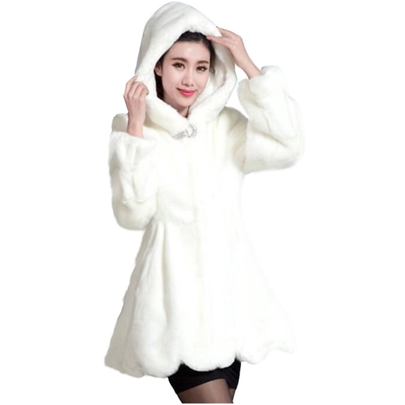ZQUUVOU Women's Hooded Faux Mink Coat Mid Length Heavyweight Cold Weather Plush Thick Wool Dress Trench Coat with Pocket White