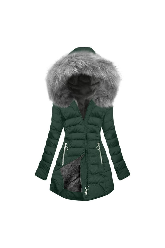 Women's Hooded Puffer Coat Winter Faux Fur Trim Hooded Plush Lined Quilted Jacket Zip Front Long Sleeve Tops Olive Green