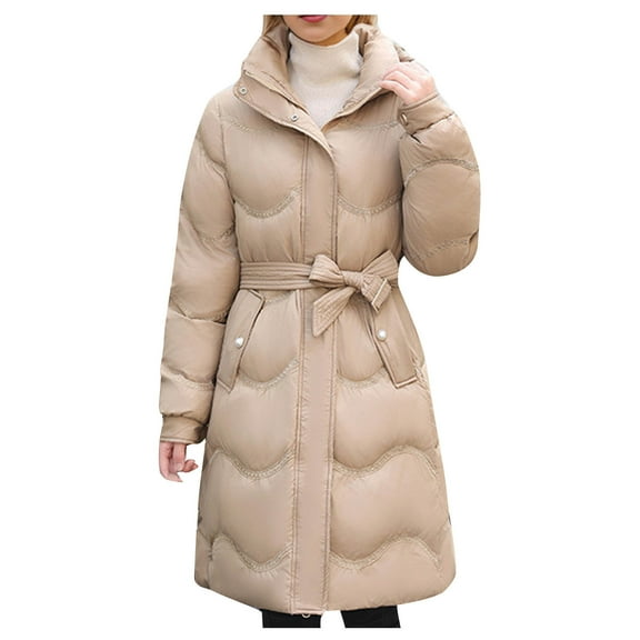 ZQUUVOU Women's Hooded Puffer Jacke with Belt Long Quilted Jackets Zipper Heavyweight Winter Thicken Fleece Lined Parka Khaki