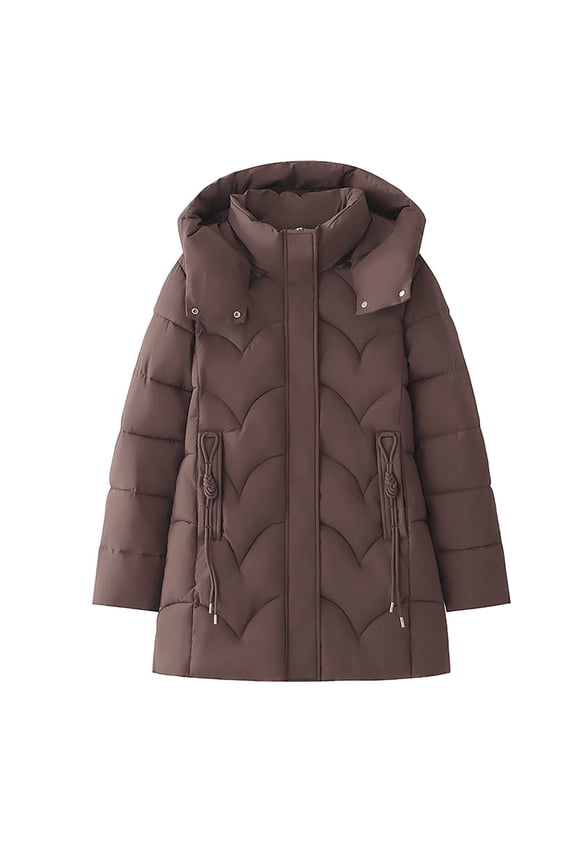 Women's Hooded Quilted Coat Lightweight Water-Resistant Packable Puffer Coat Zip Up Mid-length Jacket Brown