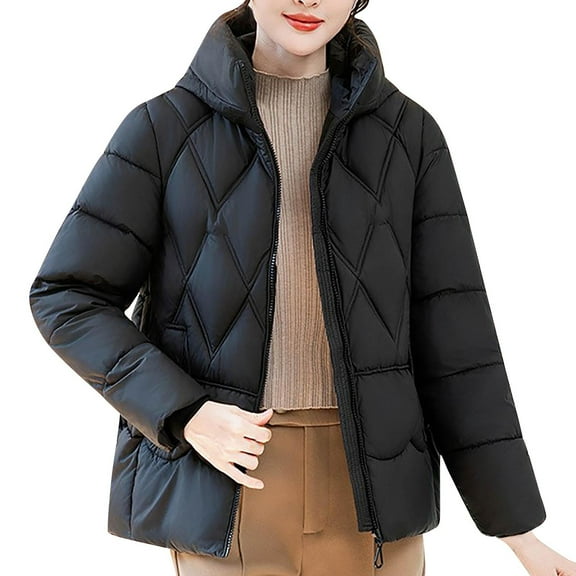 ZQUUVOU Women's Hooded Quilted Jacket Full Zip Puffer Jacket Bubble Coats Padded Jacket Long Sleeve Winter Warm Coat Black