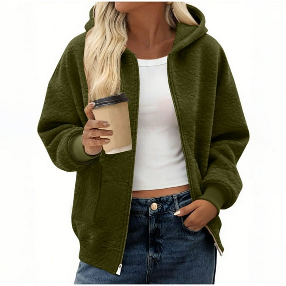 ZQUUVOU Women's Hooded Sweatshirts Fashion Zip Up Jacquard Solid Color Jacket Long Sleeve Hoodie Casual Outwear Jackets Olive Green