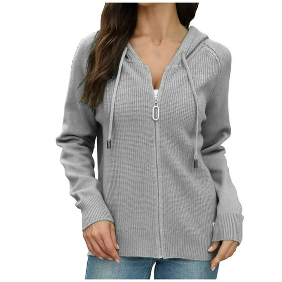 ZQUUVOU Women's Hoodie Sweater Long Sleeve Knit Solid Color Zipper Drawstring Cardigan Blouse (Gray,M)