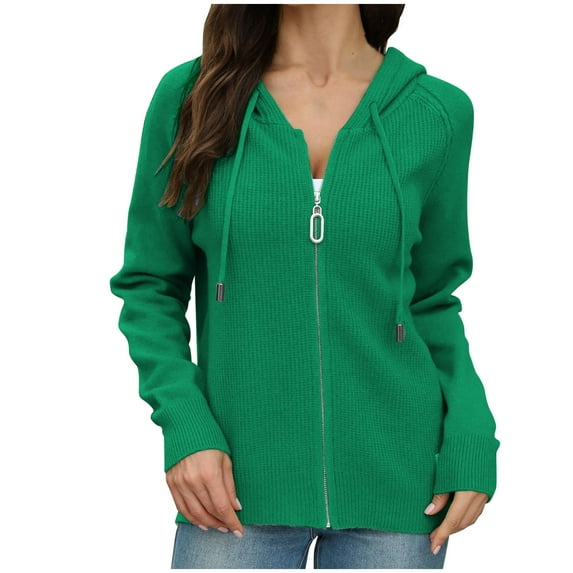 ZQUUVOU Women's Hoodie Sweater Long Sleeve Knit Solid Color Zipper Drawstring Cardigan Blouse (Green,L)