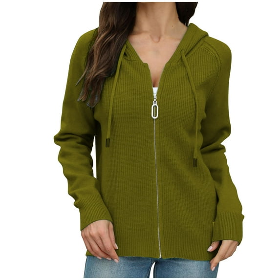 ZQUUVOU Women's Hoodie Sweater Long Sleeve Knit Solid Color Zipper Drawstring Cardigan Blouse (Olive Green,L)