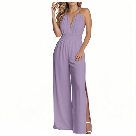 ZQUUVOU Women's Jumpsuit Solid Color Loose Adjustable Sleeveless Wide Leg Jumpsuit Overalls(Purple,L)