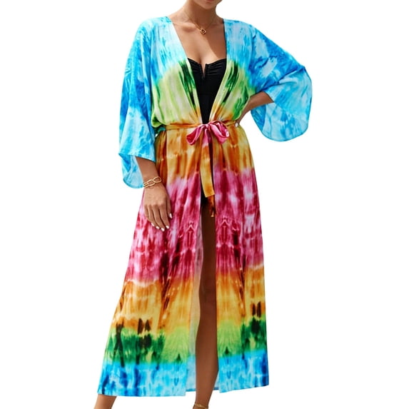 ZQUUVOU Women's Kimono Beach Cover Up Boho Printed Long Flowy Sheer Cardigan Lightweight Bathing Suit Wrap Scarf Loose Cardigans Multicolor