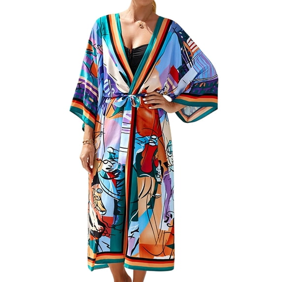 ZQUUVOU Women's Kimono Beach Cover Up Boho Printed Long Flowy Sheer Cardigan Lightweight Bathing Suit Wrap Scarf Loose Cardigans Multicolor