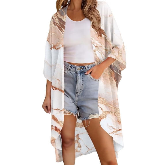 ZQUUVOU Women's Kimono Swimsuit Coverups Fashion Casual Printed Loose Fit Cardigans Beach Open Front Cover Up for Swimwear Yellow