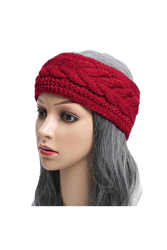 Women's Knit Handband Solid Color Sports Plush Headband Winter Ear Warmer with Thermal Lining for Cold Weather Red